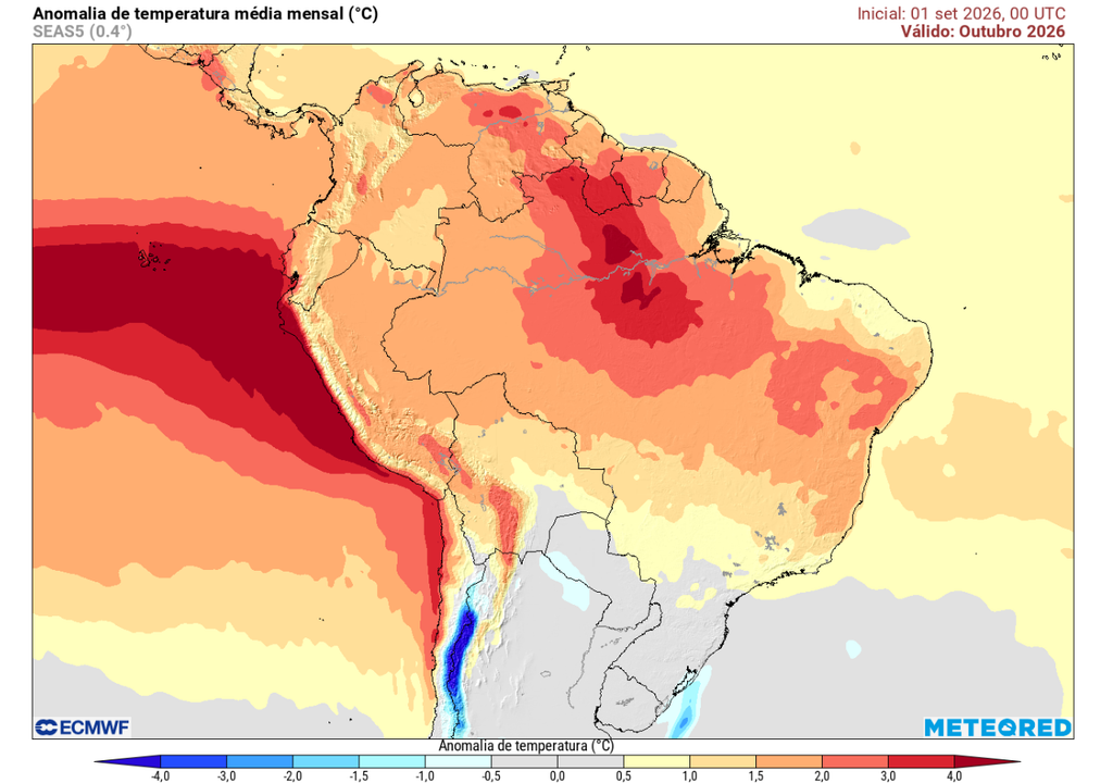 Previsão de anomalia de temperatura (°C) para o mês de outubro, segundo o modelo ECMWF. Previsão de anomalia de temperatura (°C) para o mês de outubro, segundo o modelo ECMWF.