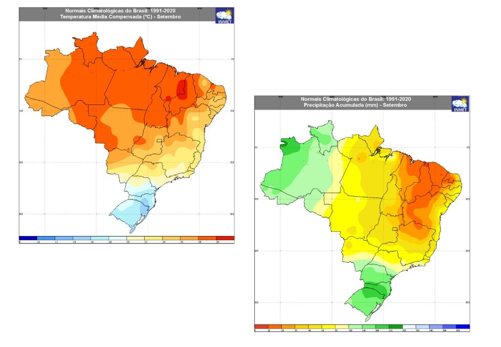 Temperatura (esquerda) e precipitação (direita) média normal (1991-2020) para o mês de setembro, segundo o INMET. Créditos: INMET.