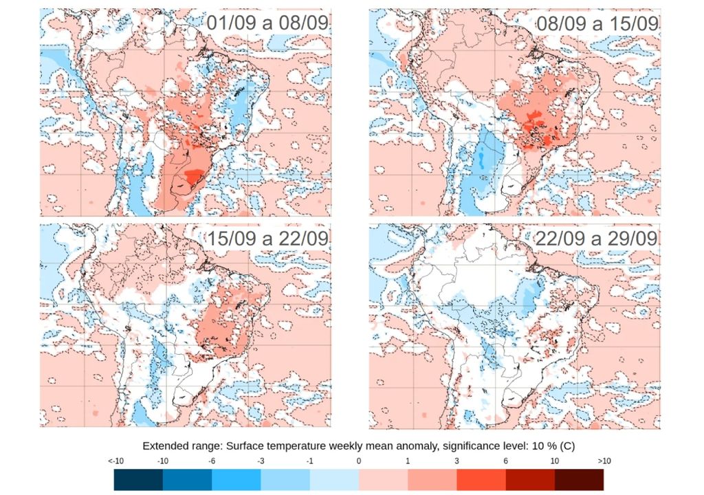 Previsão de anomalia semanal de temperatura, de acordo com o ECMWF. Créditos: ECMWF.