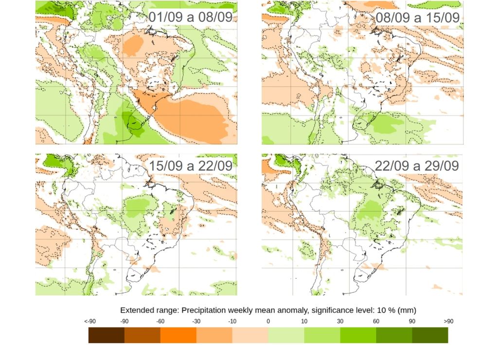 Previsão de anomalia semanal de precipitação, de acordo com o ECMWF. Créditos: ECMWF.