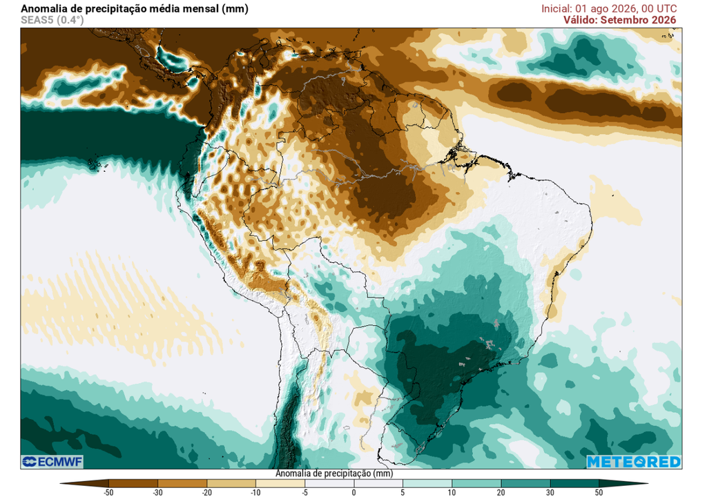 Previsão de anomalia mensal de precipitação para o mês de setembro, segundo o ECMWF. Previsão de anomalia mensal de precipitação para o mês de setembro, segundo o ECMWF.