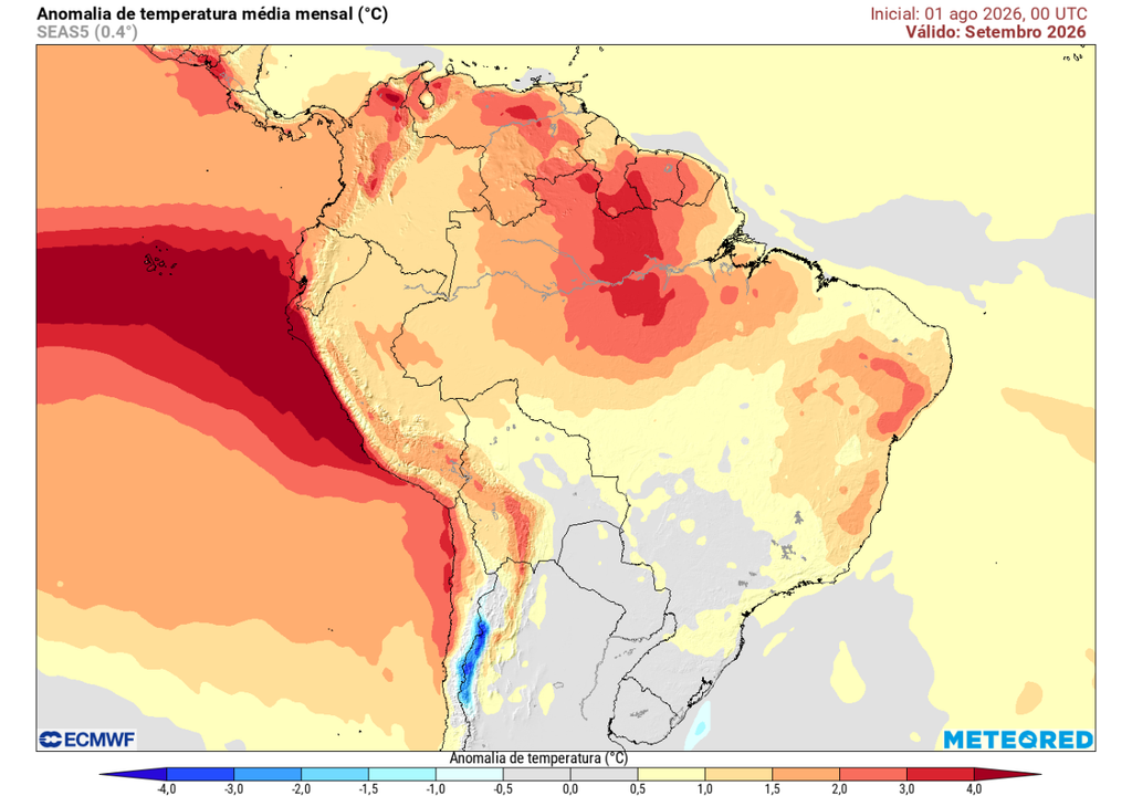 Previsão de anomalia mensal de temperatura para o mês de setembro, segundo o ECMWF. Previsão de anomalia mensal de temperatura para o mês de setembro, segundo o ECMWF.