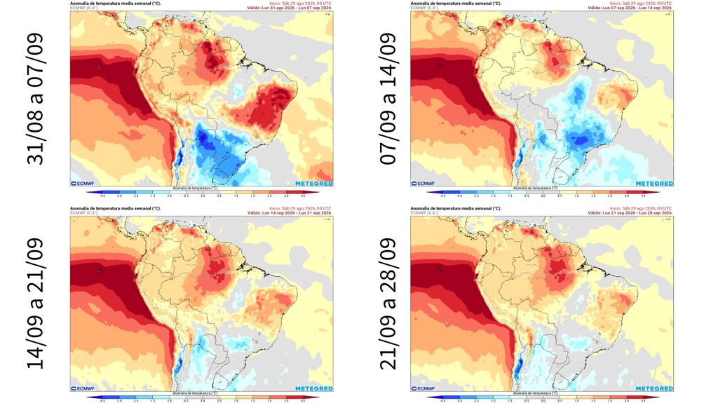 Previsão de anomalia semanal de temperatura para o mês de setembro, segundo o ECMWF. Previsão de anomalia semanal de temperatura para o mês de setembro, segundo o ECMWF.