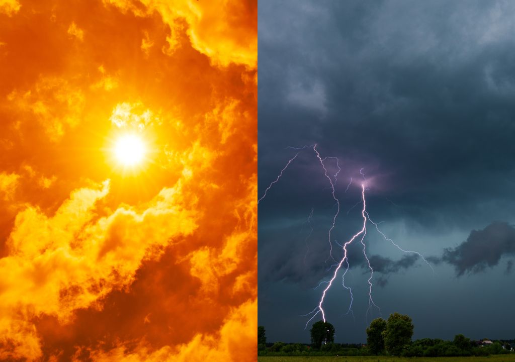 Fotografias de céu ensolarado (esquerda) e de tempestade (direita). El Niño pode atingir intensidade histórica e mudar o padrão de chuva e temperatura no Brasil, trazendo calor, chuvas intensas ao Sul e estiagem ao Norte e Nordeste nesta Primavera.