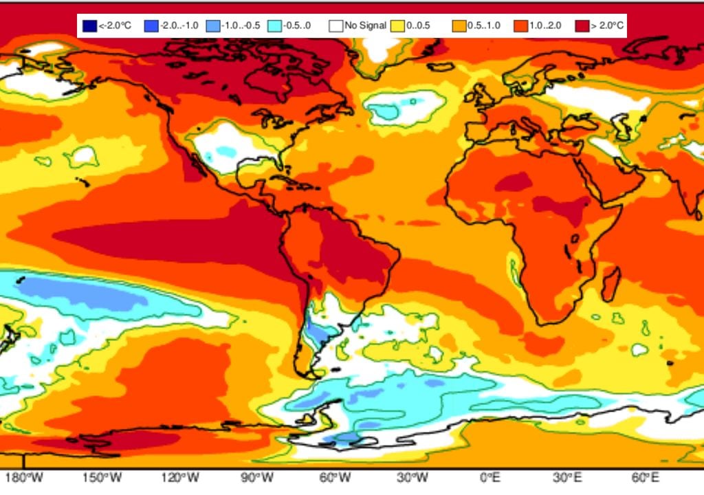 Previsão de anomalia de temperaturas para o trimestre Outubro-Novembro-Dezembro de 2026. Previsão de anomalia de temperaturas para o trimestre Outubro - Novembro - Dezembro de 2026 indica um calor acima da média em praticamente todo o Brasil, exceto na região Sul.