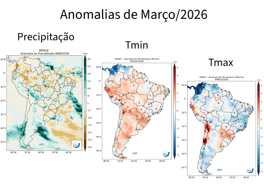Anomalia de precipitação, temperatura mínima e máxima em março de 2026. Créditos: Meteored/Adaptado de CPTEC/INPE.