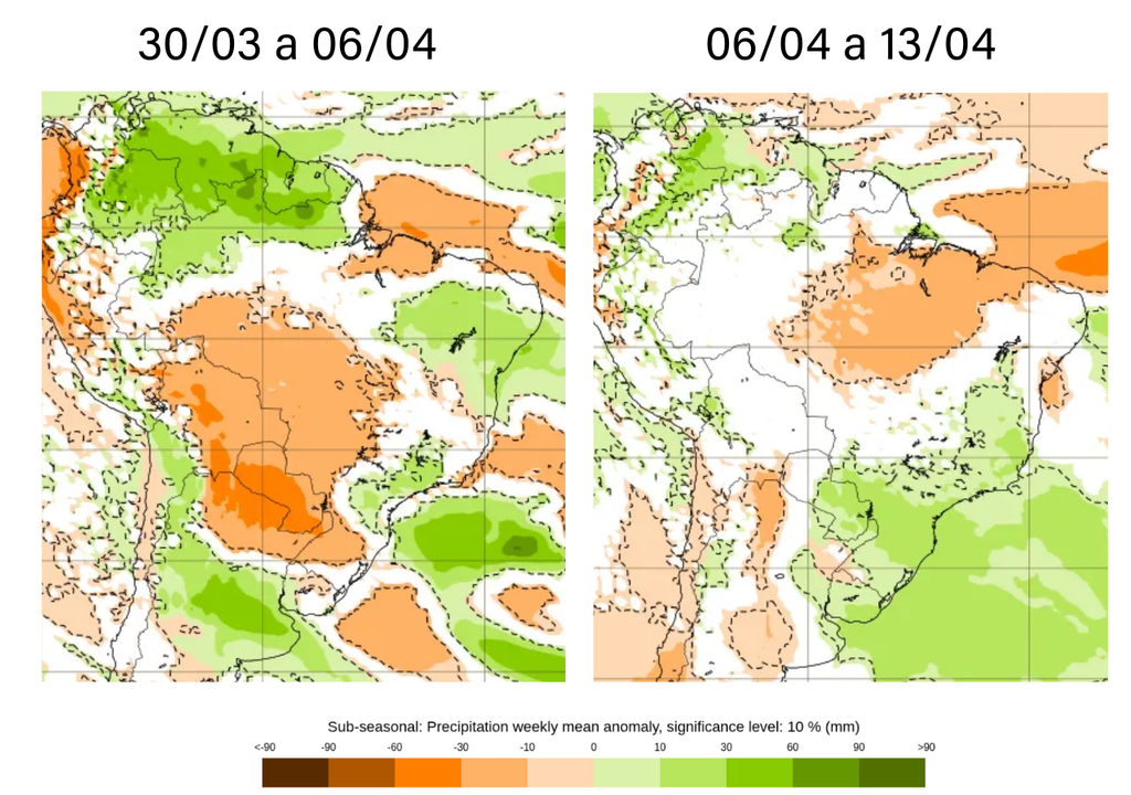 Previsão de anomalia semanal de precipitação (mm) de acordo com o ECMWF. Créditos: Meteored/Adaptada de ECMWF.