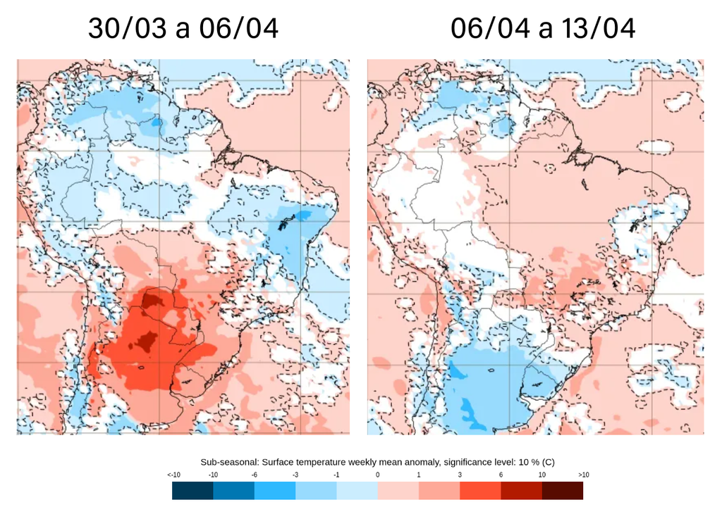 Previsão de anomalia semanal de temperatura (°C) de acordo com o ECMWF. Créditos: Meteored/Adaptada de ECMWF.