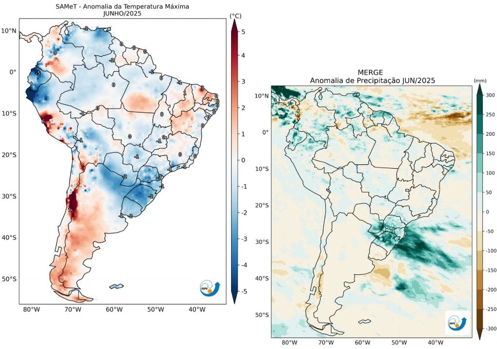 Anomalia de temperatura máxima (esquerda) e de precipitação (direita) no mês de junho. Créditos: CPTEC/INPE.