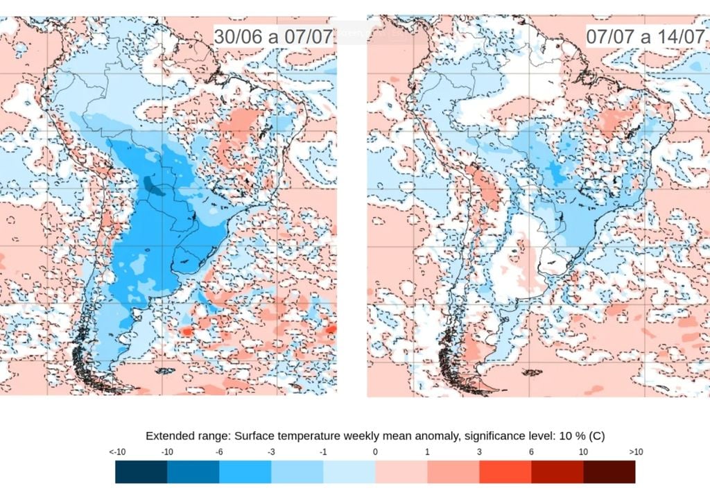 Imagem Previsão de anomalia de temperatura entre 30 de junho a 14 de julho, de acordo com o ECMWF. Créditos: ECMWF.