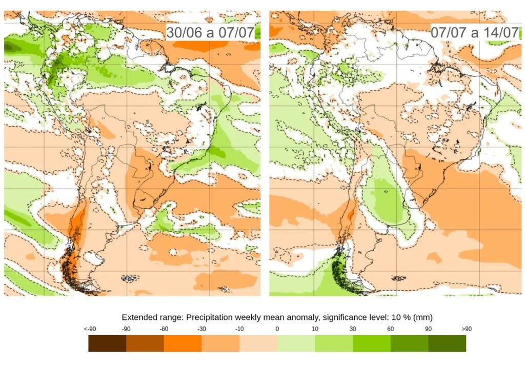 Previsão de anomalia de chuva entre 30 de junho a 14 de julho, de acordo com o ECMWF. Créditos: ECMWF.