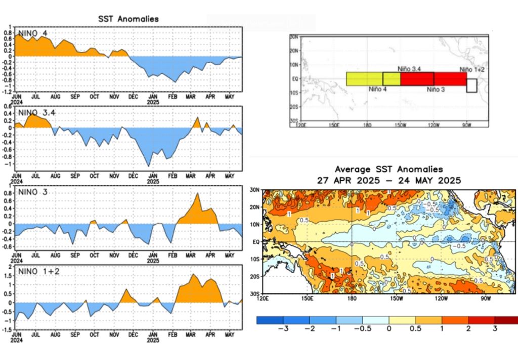 Anomalias de TSM (esquerda) nas regiões de monitoramento (direita, painel superior) do ENSO e média das anomalias de TSM no último mês (direita, painel inferior). Créditos: adaptado de CPC/NOAA.