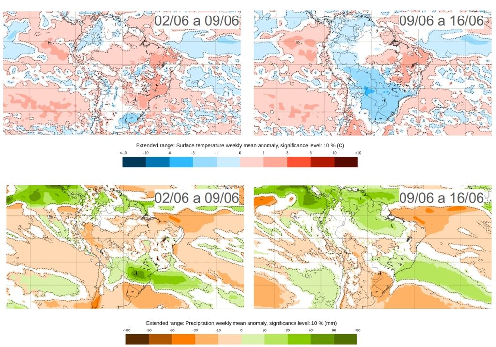 Previsão de anomalias de temperatura (painel superior) e precipitação (painel inferior) para a primeira quinzena de junho. Créditos: ECMWF.