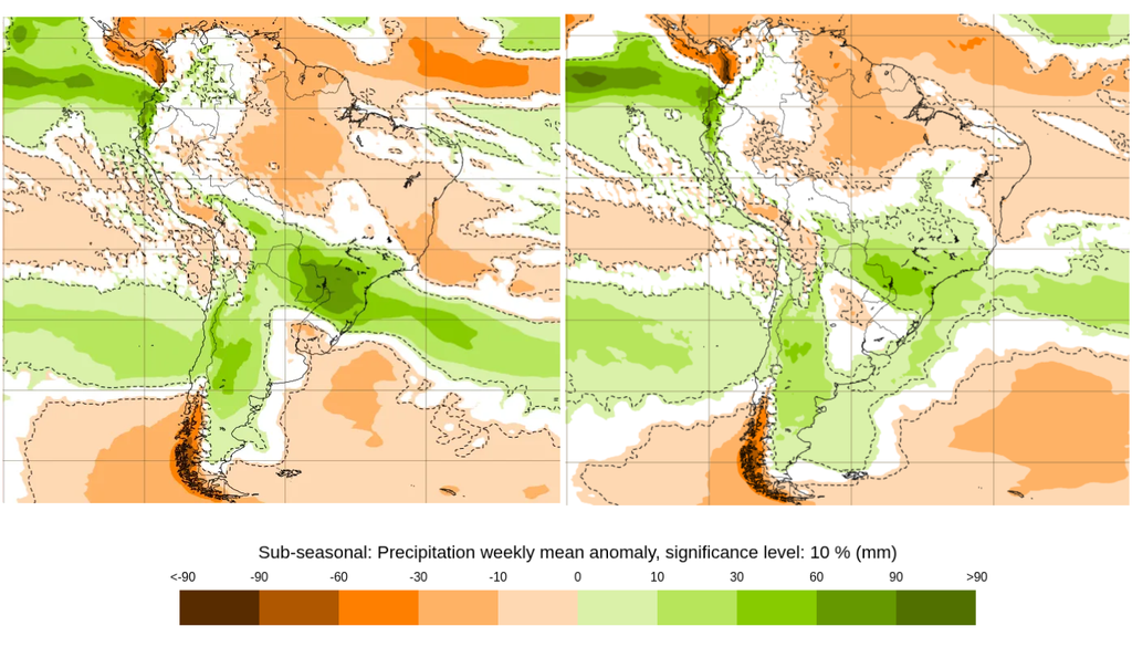 Previsão de anomalia semanal de chuva (mm) para as semanas entre 5 e 12 de outubro (esquerda) e 12 a 19 de outubro (direita), segundo o ECMWF. Créditos: Meteored/ECMWF. Previsão de anomalia semanal de chuva (mm) para as semanas entre 5 e 12 de outubro (esquerda) e 12 a 19 de outubro (direita), segundo o ECMWF. Créditos: Meteored/ECMWF.