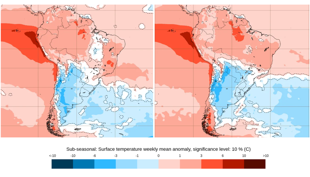Previsão de anomalia semanal de temperatura (°C) para as semanas entre 5 e 12 de outubro (esquerda) e 12 a 19 de outubro (direita), segundo o ECMWF. Créditos: Meteored/ECMWF. Previsão de anomalia semanal de temperatura (°C) para as semanas entre 5 e 12 de outubro (esquerda) e 12 a 19 de outubro (direita), segundo o ECMWF. Créditos: Meteored/ECMWF.