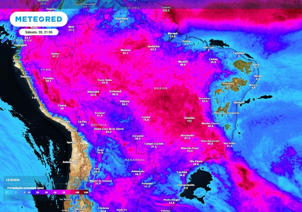 Previsão de acumulados totais de chuva até o final do sábado. Previsão de acumulados totais de chuva até o final do sábado.