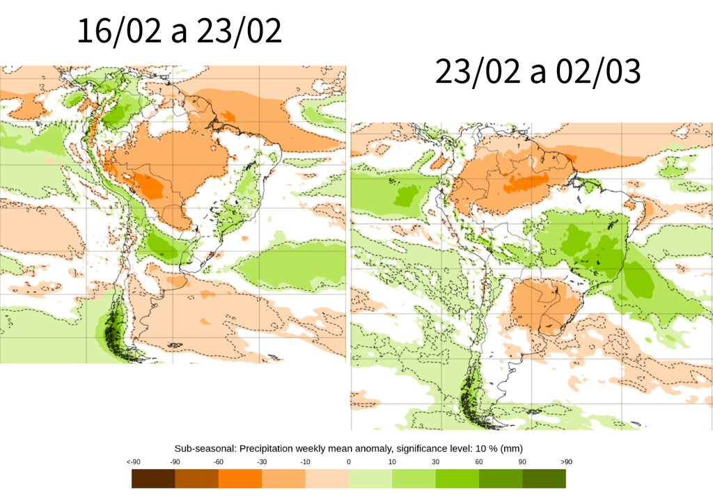 Previsão semanal de anomalia de precipitação de acordo com o ECMWF para a segunda quinzena de fevereiro. Créditos: Adaptado de ECMWF.