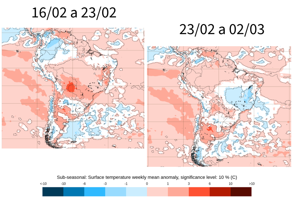 Previsão semanal de anomalia de temperatura de acordo com o ECMWF para a segunda quinzena de fevereiro. Créditos: Adaptado de ECMWF.