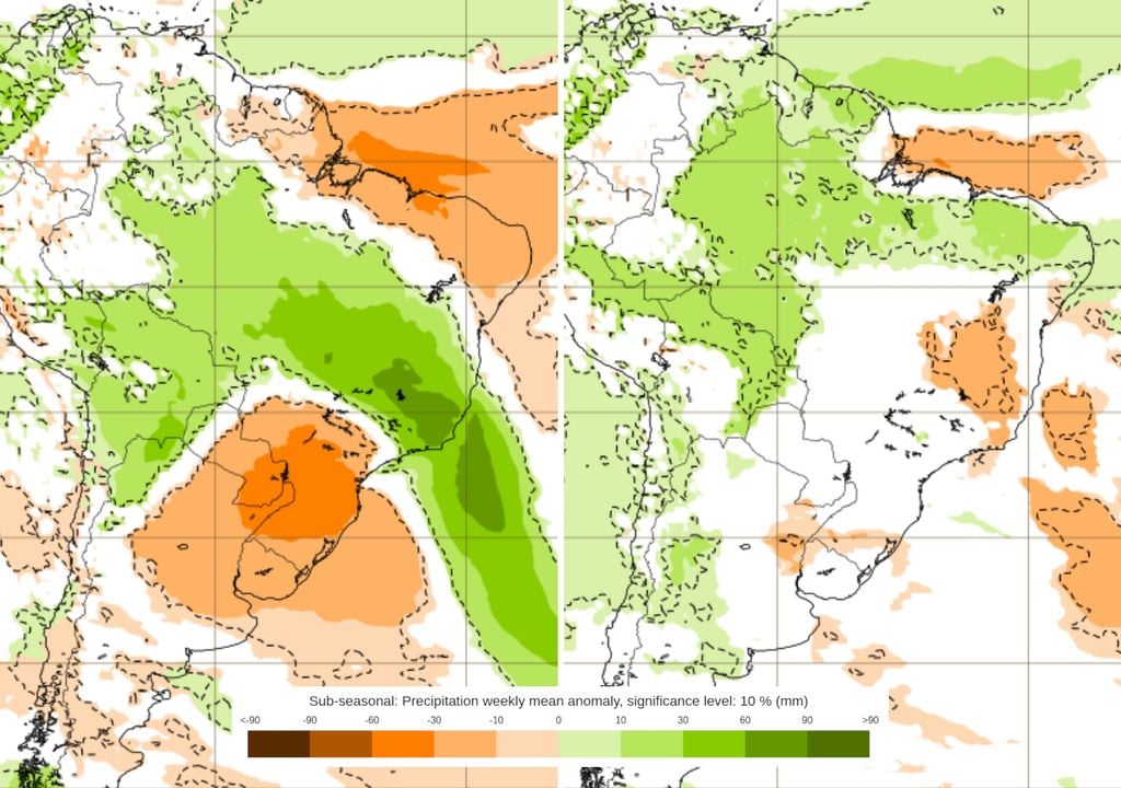 Previsão de anomalias de chuva ao longo das duas últimas semanas de Janeiro de 2026.