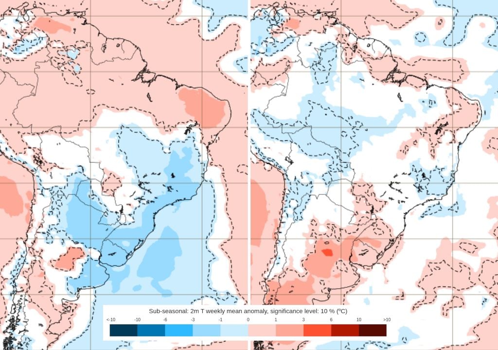 Previsão de anomalias de temperatura ao longo das duas últimas semanas de Janeiro de 2026.