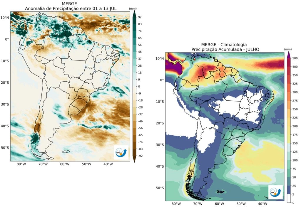 Anomalia de precipitação entre 1 e 13 (esquerda) e climatologia da precipitação para o mês de julho (direita). Créditos: CPTEC/INPE. Anomalia de precipitação entre 1 e 13 (esquerda) e climatologia da precipitação para o mês de julho (direita). Créditos: CPTEC/INPE.