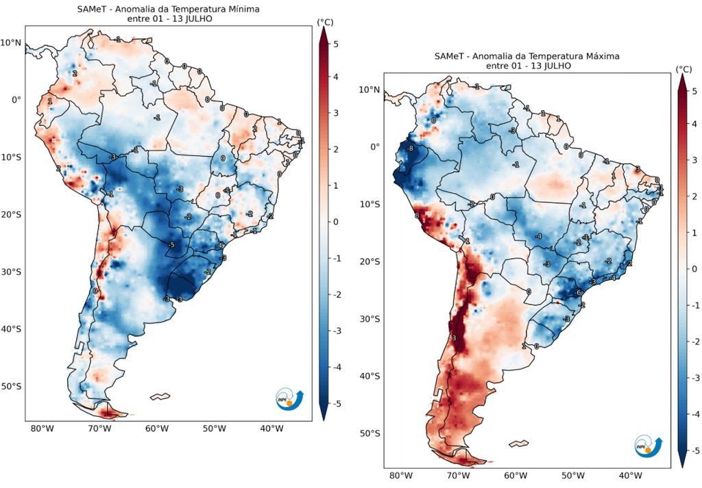 Anomalias de temperatura mínima (esquerda) e máxima (direita) entre 1 e 13 de julho. Créditos: CPTEC/INPE. Anomalias de temperatura mínima (esquerda) e máxima (direita) entre 1 e 13 de julho. Créditos: CPTEC/INPE.
