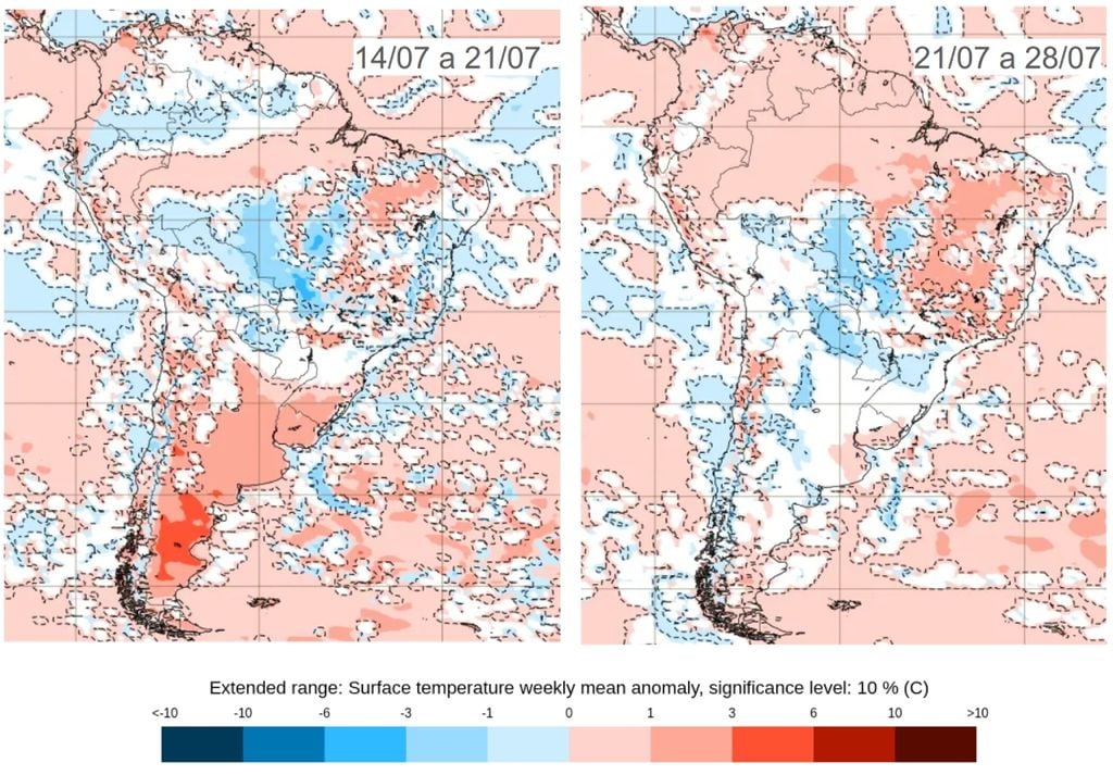 Previsão de anomalia de temperatura, de acordo com o ECMWF. Créditos: Adaptado de ECMWF. Previsão de anomalia de temperatura, de acordo com o ECMWF. Créditos: Adaptado de ECMWF.
