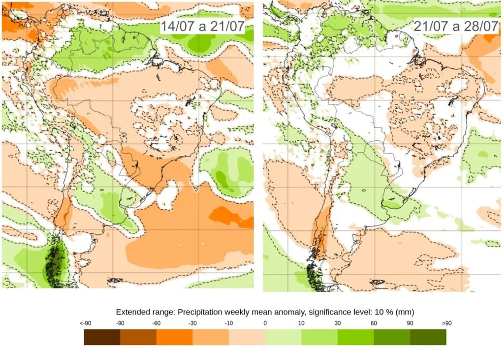Previsão de anomalia de precipitação, de acordo com o ECMWF. Créditos: Adaptado de ECMWF. Previsão de anomalia de precipitação, de acordo com o ECMWF. Créditos: Adaptado de ECMWF.