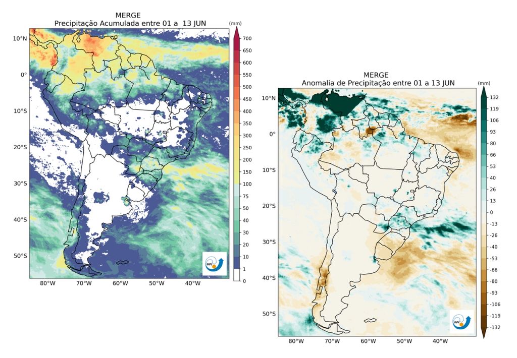 Precipitação total em mm (esquerda) e anomalia (direita). Créditos: CPTEC/INPE. Precipitação total em mm (esquerda) e anomalia (direita). Créditos: CPTEC/INPE.