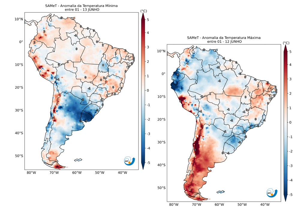 Anomalia de temperatura mínima (esquerda) e máxima (direita). Créditos: CPTEC/INPE. Anomalia de temperatura mínima (esquerda) e máxima (direita). Créditos: CPTEC/INPE.