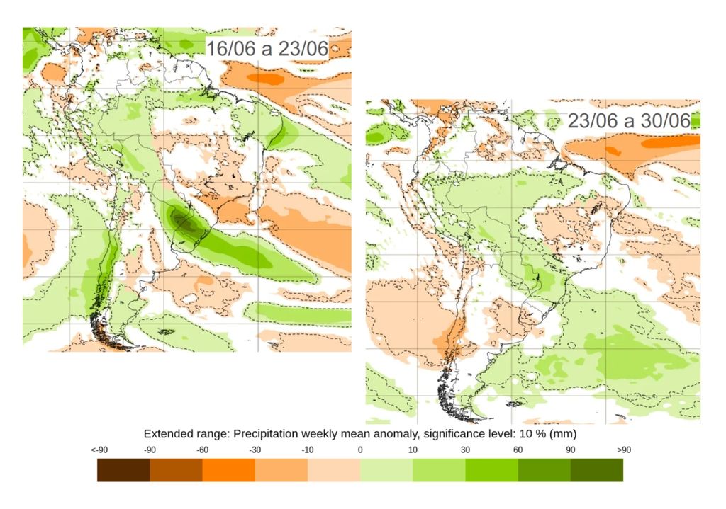 Previsão de anomalia semanal de chuva de acordo com o ECMWF. Créditos: ECMWF. Previsão de anomalia semanal de chuva de acordo com o ECMWF. Créditos: ECMWF.
