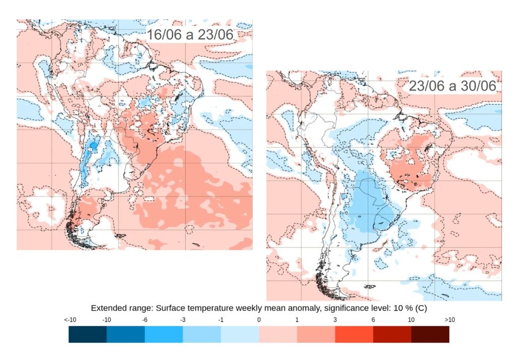 Previsão de anomalia semanal de temperatura de acordo com o ECMWF. Créditos: ECMWF. Previsão de anomalia semanal de temperatura de acordo com o ECMWF. Créditos: ECMWF.