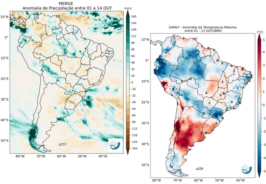 Anomalia de precipitação (esquerda) e de temperatura máxima (direita) entre 1 e 13 de outubro. Créditos: CPTEC/INPE.