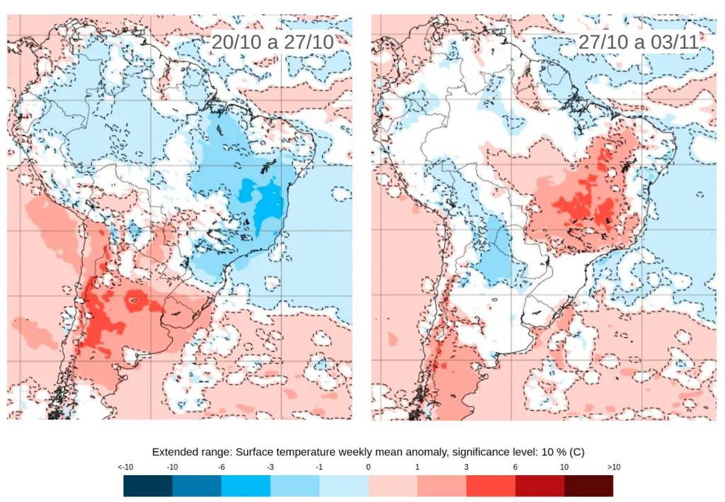 Previsão de anomalia de temperatura. Créditos: Adaptado de ECMWF.