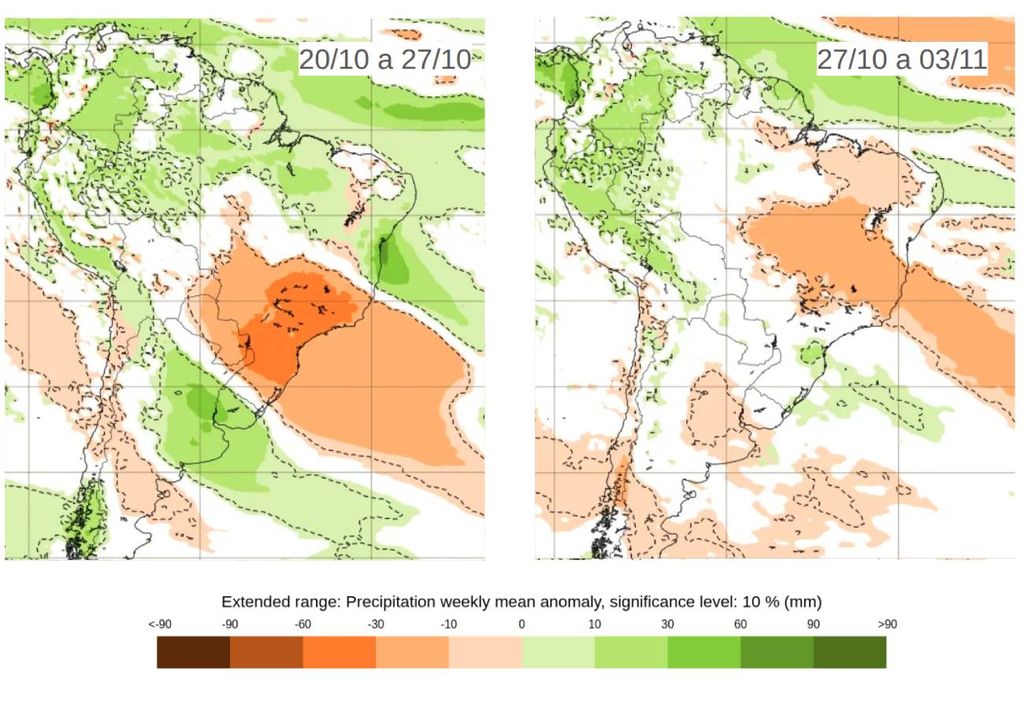 Previsão de anomalia semanal de chuva. Créditos: Adaptado de ECMWF.