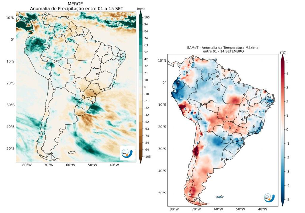 Anomalia de precipitação (esquerda) e temperatura máxima (direita) entre 1 e 15 de setembro. Créditos: CPTEC/INPE. Anomalia de precipitação (esquerda) e temperatura máxima (direita) entre 1 e 15 de setembro. Créditos: CPTEC/INPE.