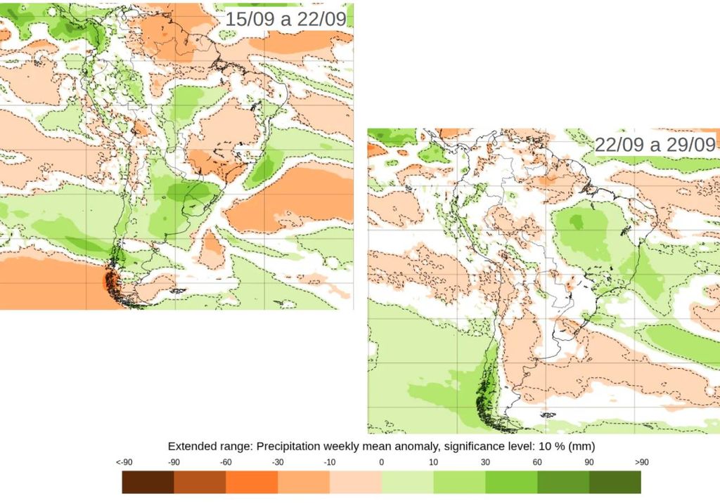 Previsão de anomalia semanal de precipitação, de acordo com o ECMWF. Créditos: ECMWF. Previsão de anomalia semanal de precipitação, de acordo com o ECMWF. Créditos: ECMWF.