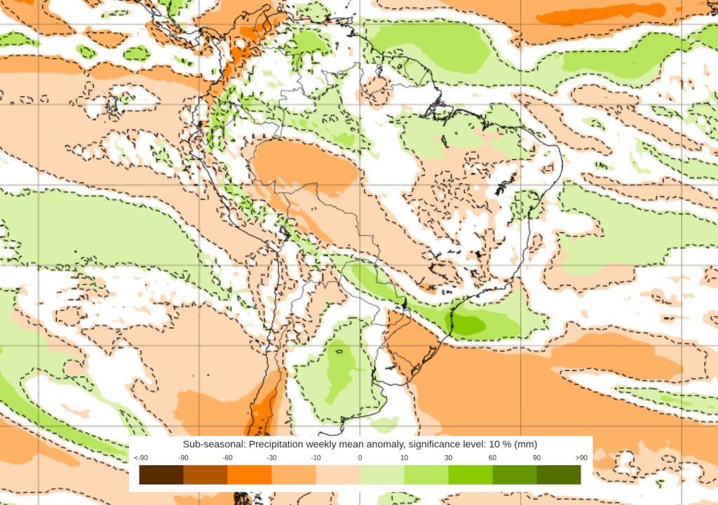 Mapa de previsão semanal de anomalia de chuva do modelo ECMWF entre 25/08 e 01/09.