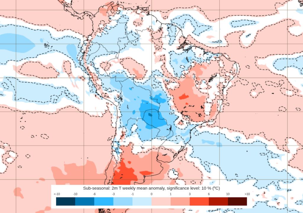 Mapas de previsão semanal de anomalia de temperatura do modelo ECMWF entre 25/08 e 01/09.