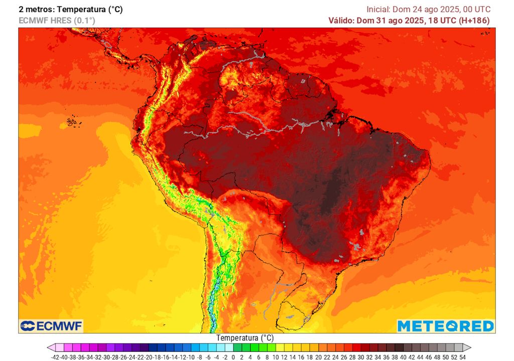 Previsão de temperaturas máximas no domingo dia 31 de Agosto.