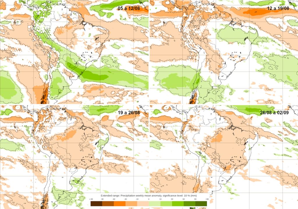 Previsão de anomalias de chuva para as semanas de Agosto de 2024. Previsão de anomalias de chuva para as semanas de Agosto de 2024.