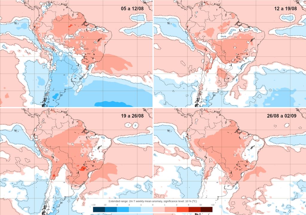 Previsão de anomalias de temperatura para as semanas de Agosto de 2024. Previsão de anomalias de temperatura para as semanas de Agosto de 2024.