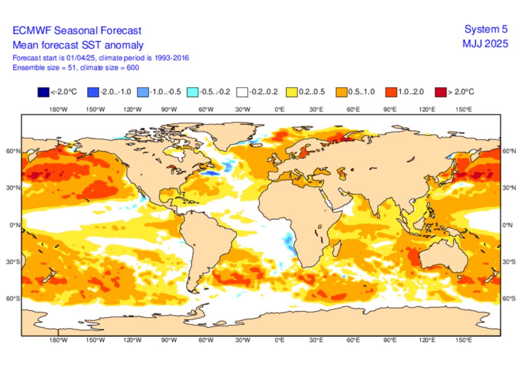 Mapa de previsão de anomalia da temperatura da superfície dos oceanos para o trimestre Maio - Junho - Julho de 2025. Mapa de previsão de anomalia da temperatura da superfície dos oceanos para o trimestre Maio - Junho - Julho de 2025.