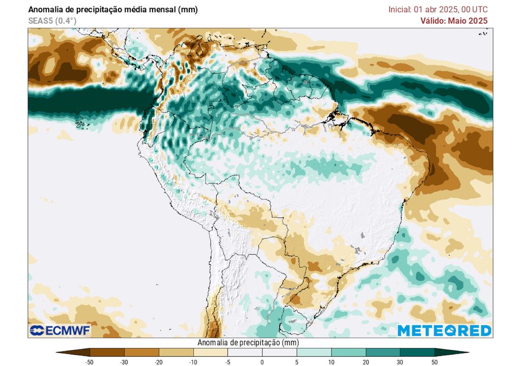 Mapa de previsão mensal de anomalia de chuva do modelo ECMWF para Maio. Mapa de previsão mensal de anomalia de chuva do modelo ECMWF para Maio.