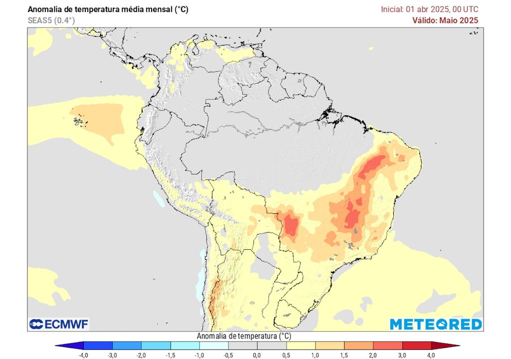 Mapa de previsão mensal de anomalia de temperatura do modelo ECMWF para Maio Mapa de previsão mensal de anomalia de temperatura do modelo ECMWF para Maio