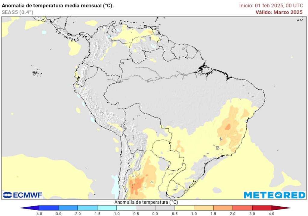 Previsão de anomalia de temperatura (modelo ECMWF) para o mês de Março de 2025. Previsão de anomalia de temperatura (modelo ECMWF) para o mês de Março de 2025.