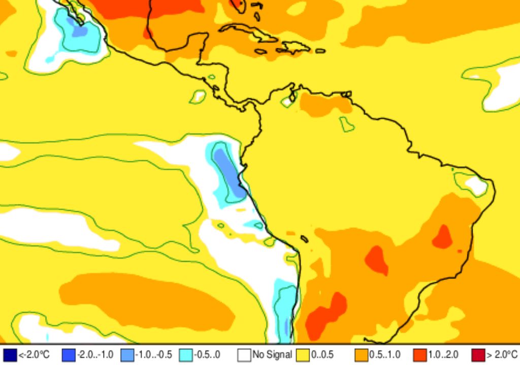Previsão de anomalia de temperatura (modelo ECMWF) no trimestre Março-Abril-Maio 2025. Previsão de anomalia de temperatura (modelo ECMWF) no trimestre Março-Abril-Maio 2025.