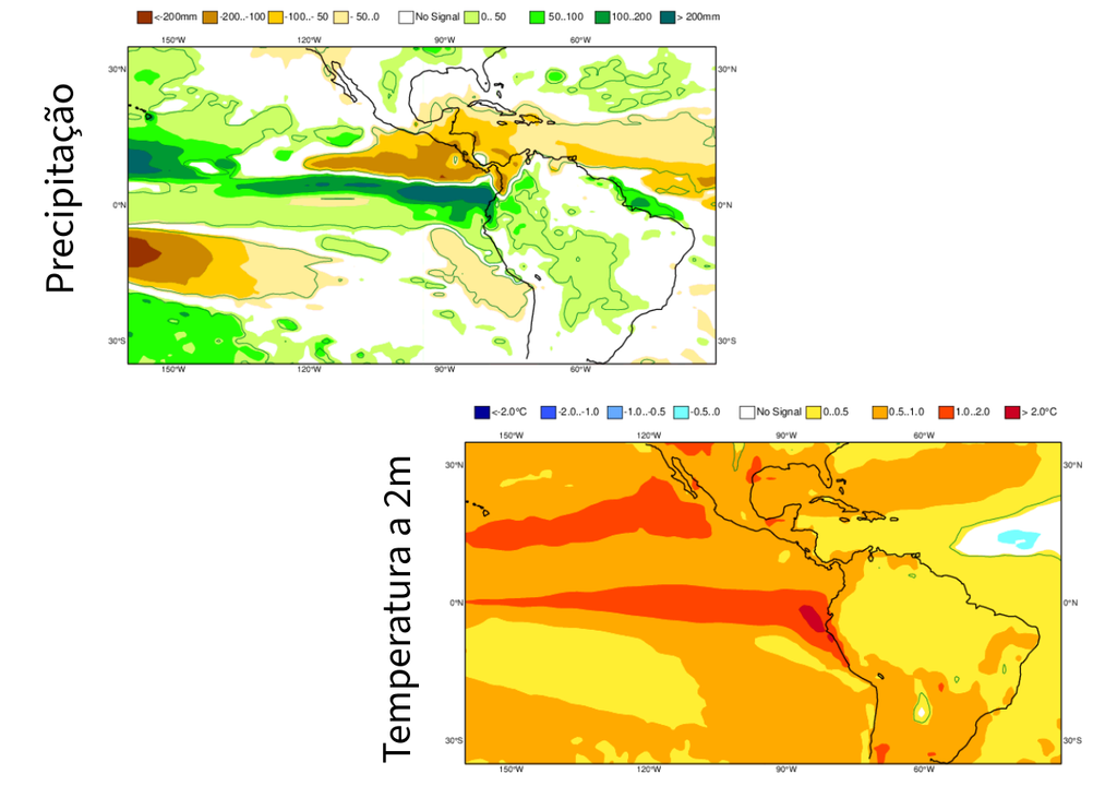 Previsão de anomalia de precipitação e temperatura para o trimestre de abril-maio-junho, de acordo com o ECMWF. Créditos: Adaptado de ECMWF.
