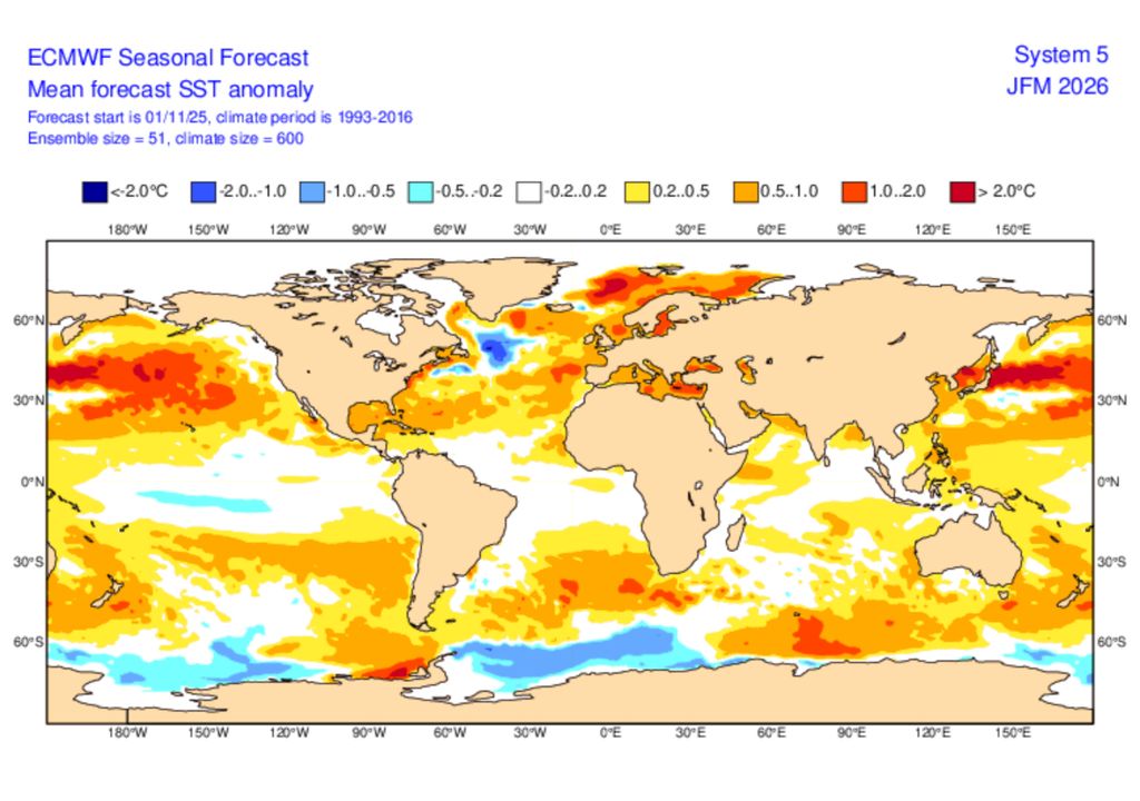 Previsão de temperaturas na superfície do oceano para o trimestre Janeiro - Fevereiro - Março.