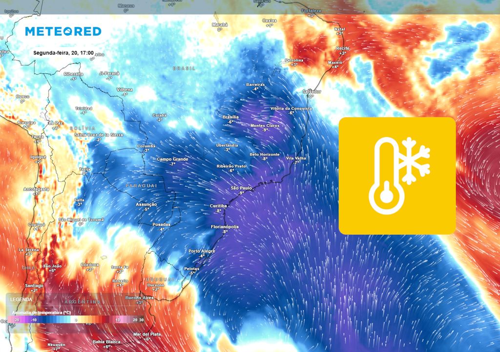 Previsão de anomalias de temperatura em 850 hPa nesta segunda-feira de tarde.